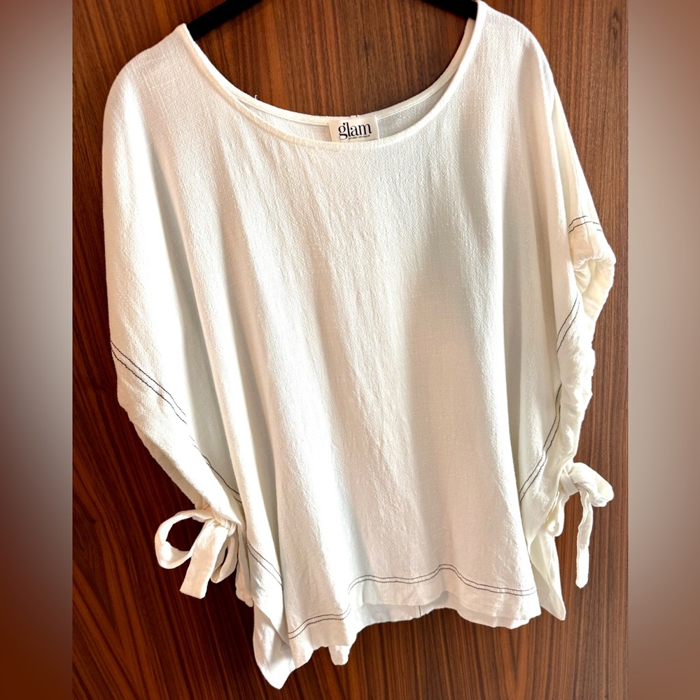 Glam White with Black stitching Relaxed Tie Front Boho Blouse